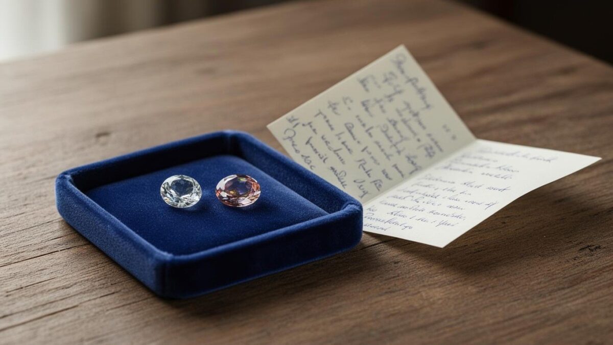 A small velvet tray holding two loose stones beside a folded note