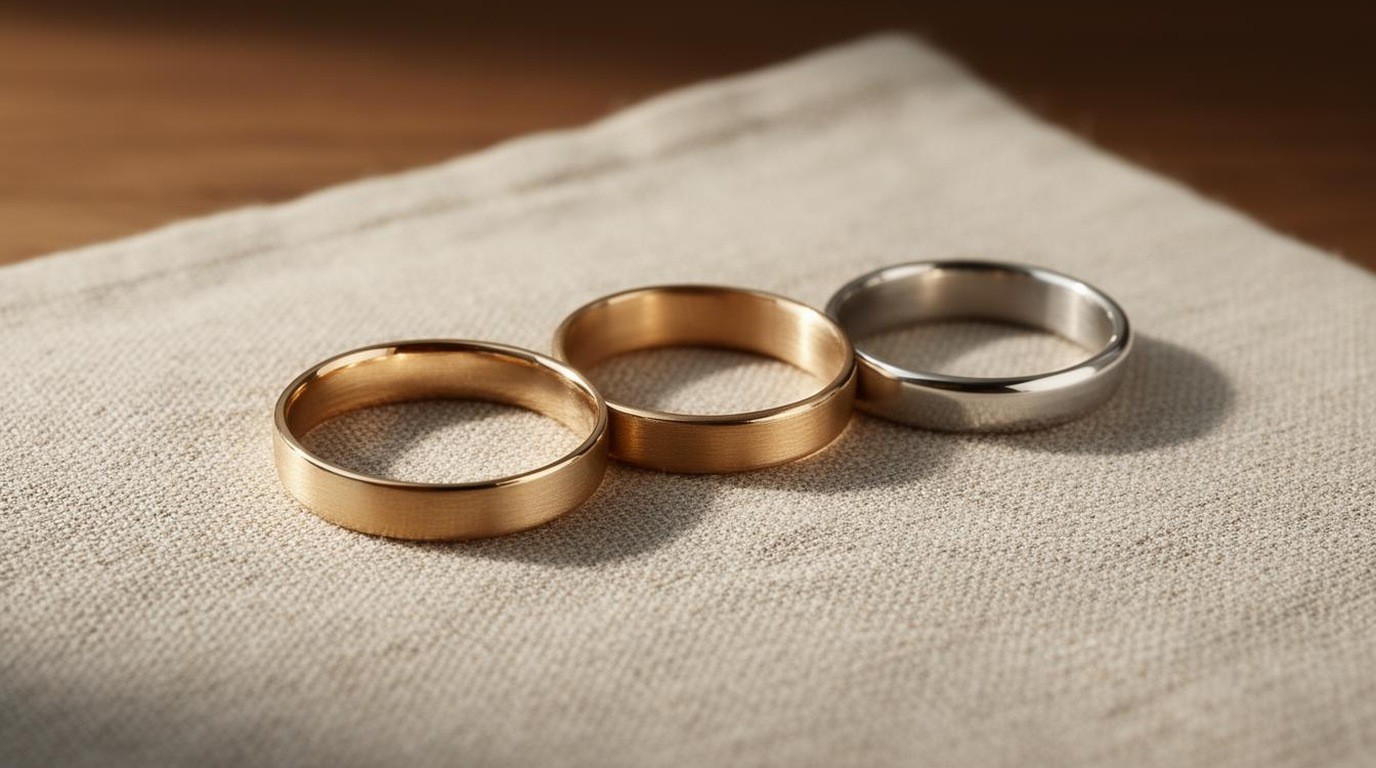 Three rings of different metals lying in a row on a linen cloth
